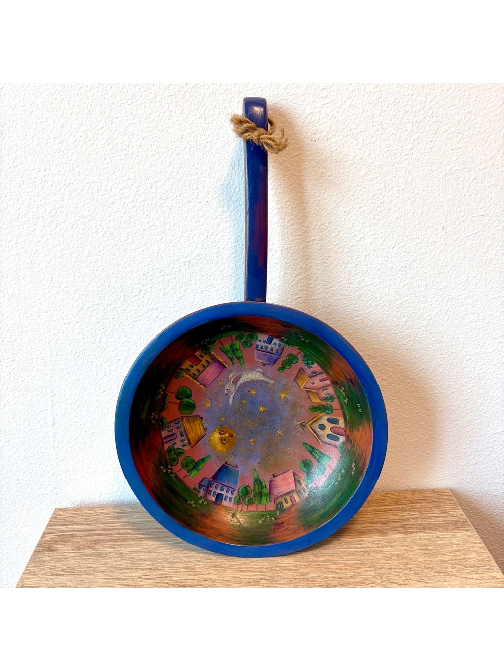 Hand Painted Wooden Wall Bowl Folk Art Moon Rabbit Village 15” Gift Idea for Her